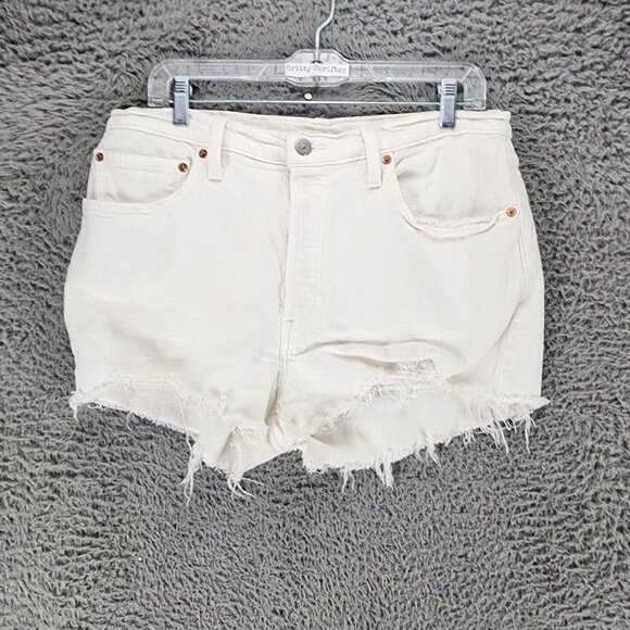 Levis Shorts Womens 32 501 White Stretch High Rise Button Fly Denim Jean *GUC* - Picture 2 of 16